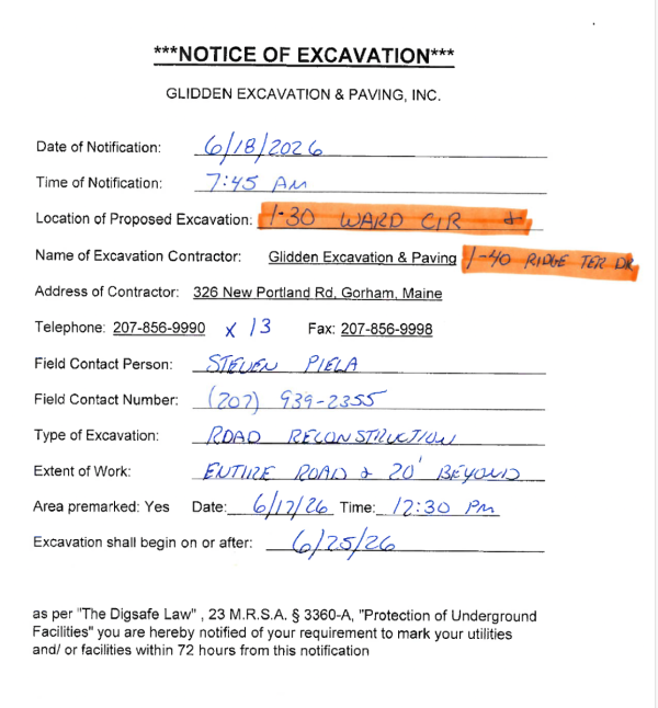 Notice of Excavation